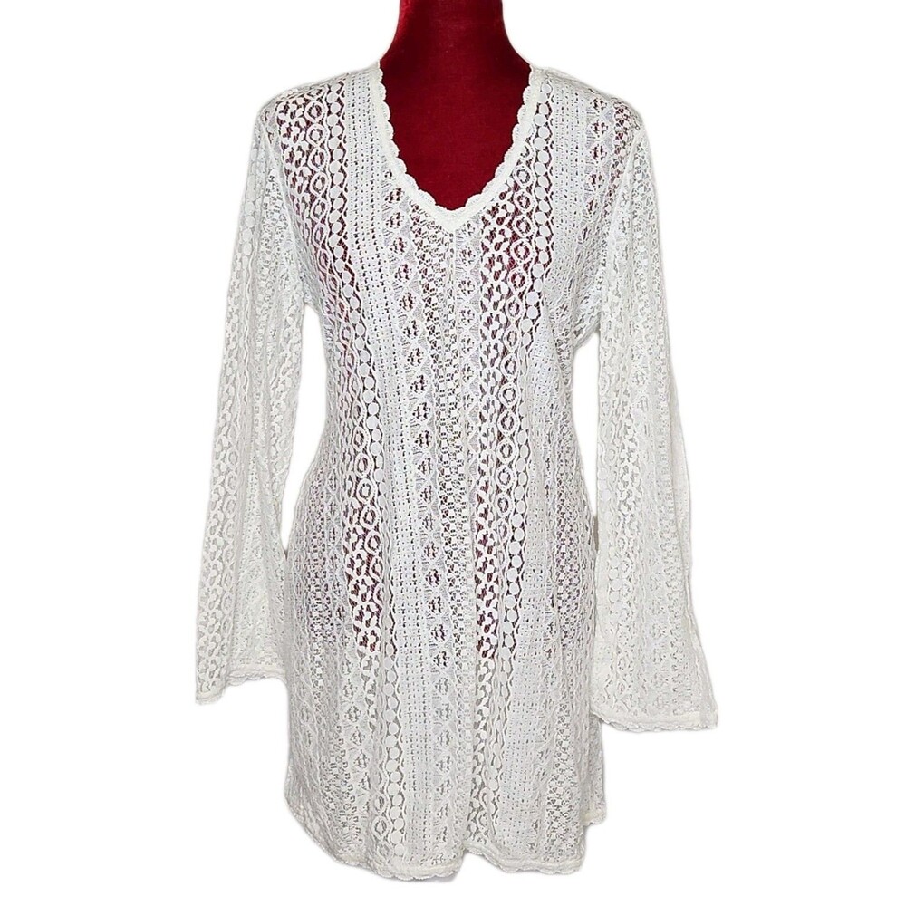 Kos Resort Off White Crochet Lace Boho Bell Sleeve Beach Cover-Up Dress Medium